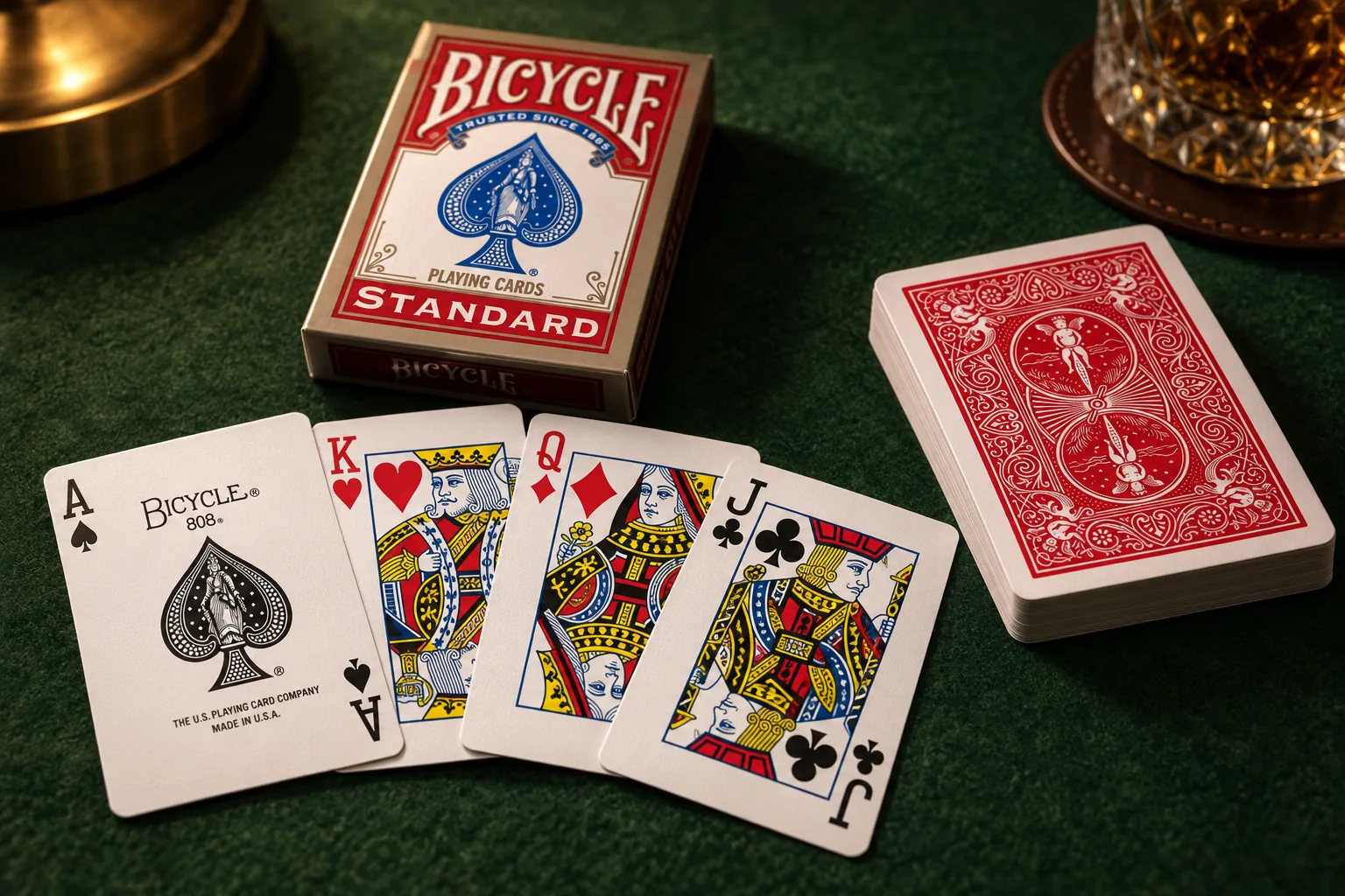 Ace of spades, king of hearts, queen of diamonds and jack of clubs from a red Bicycle Standard deck