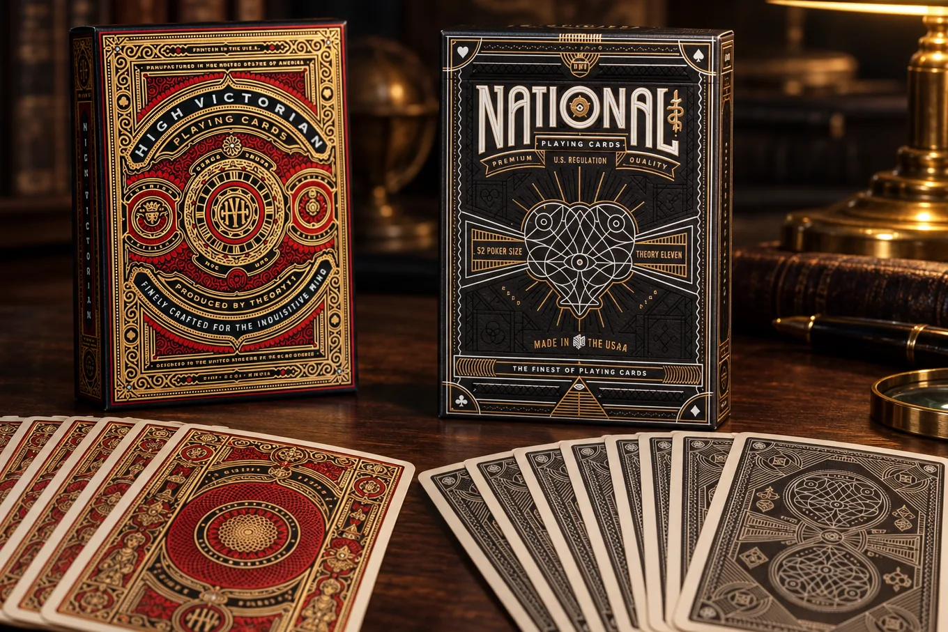 theory11 High Victorian Red and National premium decks with their backs spread out