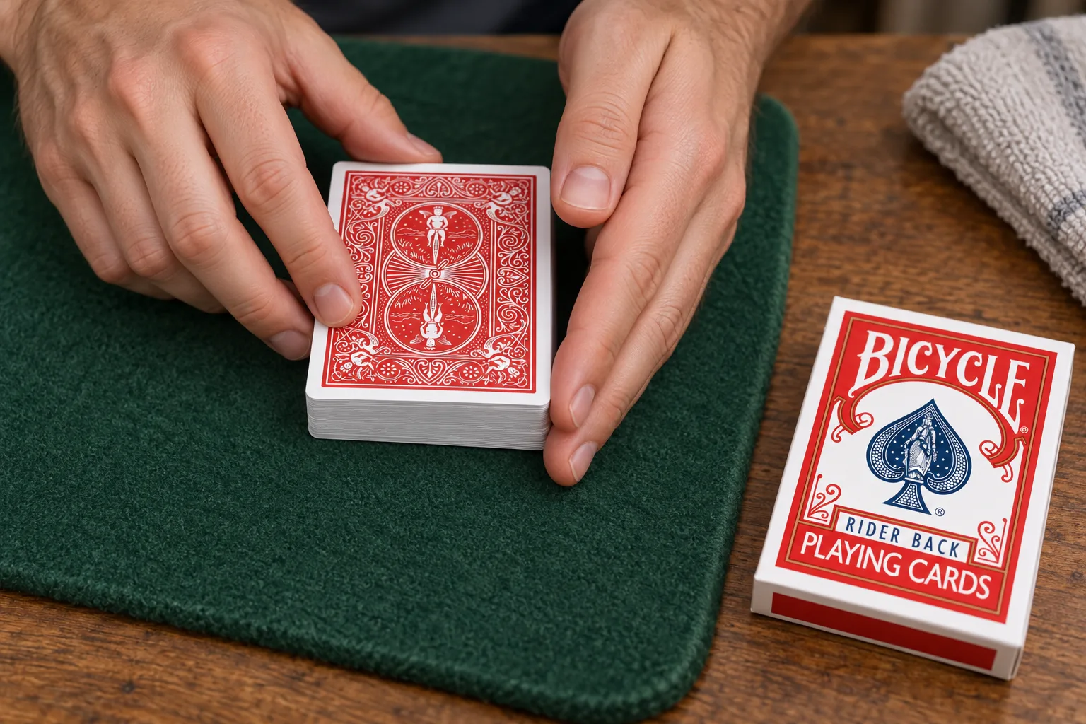 Mains propres qui égalisent un jeu Bicycle Rider Back rouge sur un tapis vert