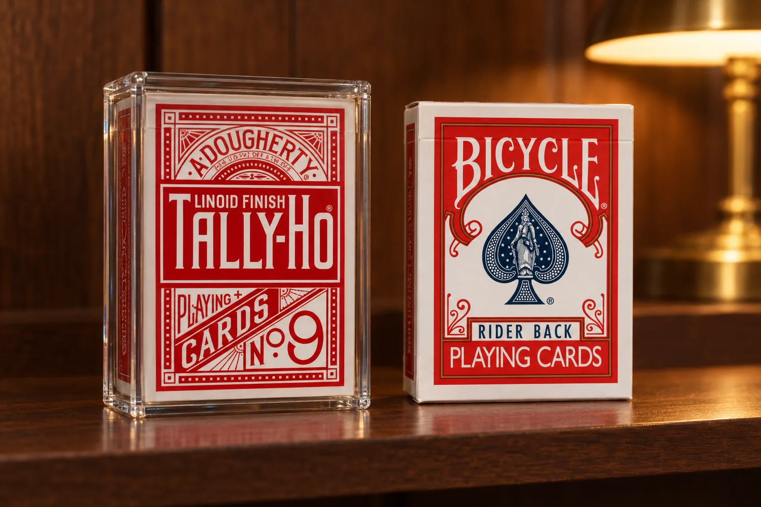 Jeu Tally-Ho Circle rouge dans l'étui acrylique Carat XST à côté d'une boîte Bicycle Rider Back
