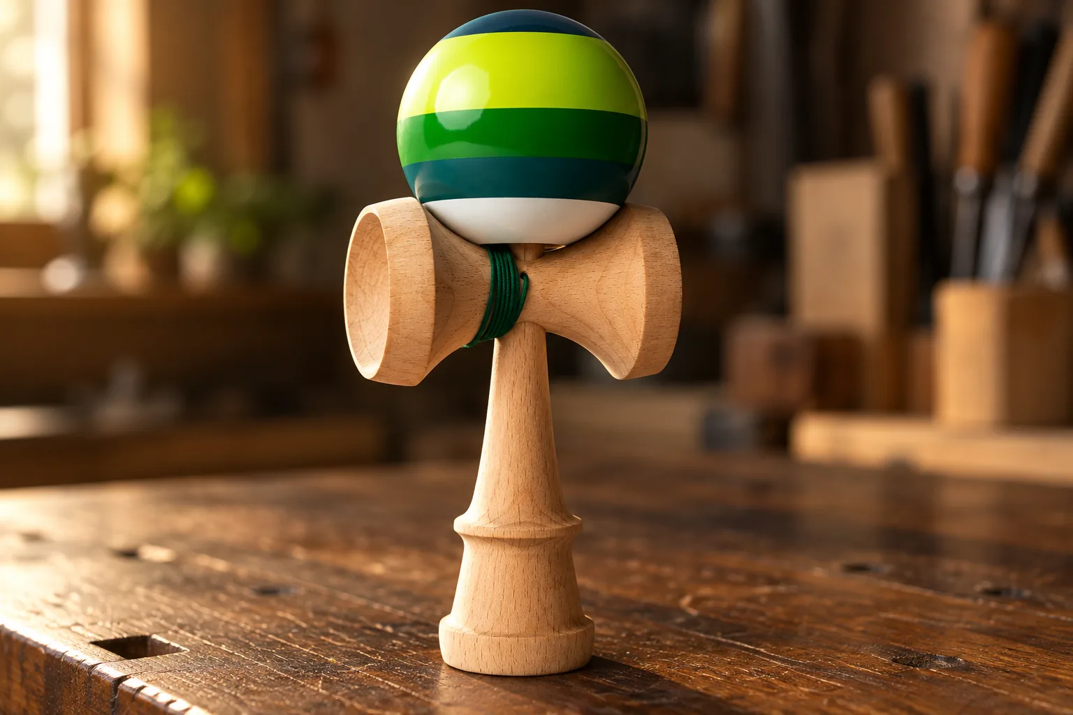 Sweets Prime 5 Stripe Dougie kendama standing upright, with the green striped tama resting on the ken