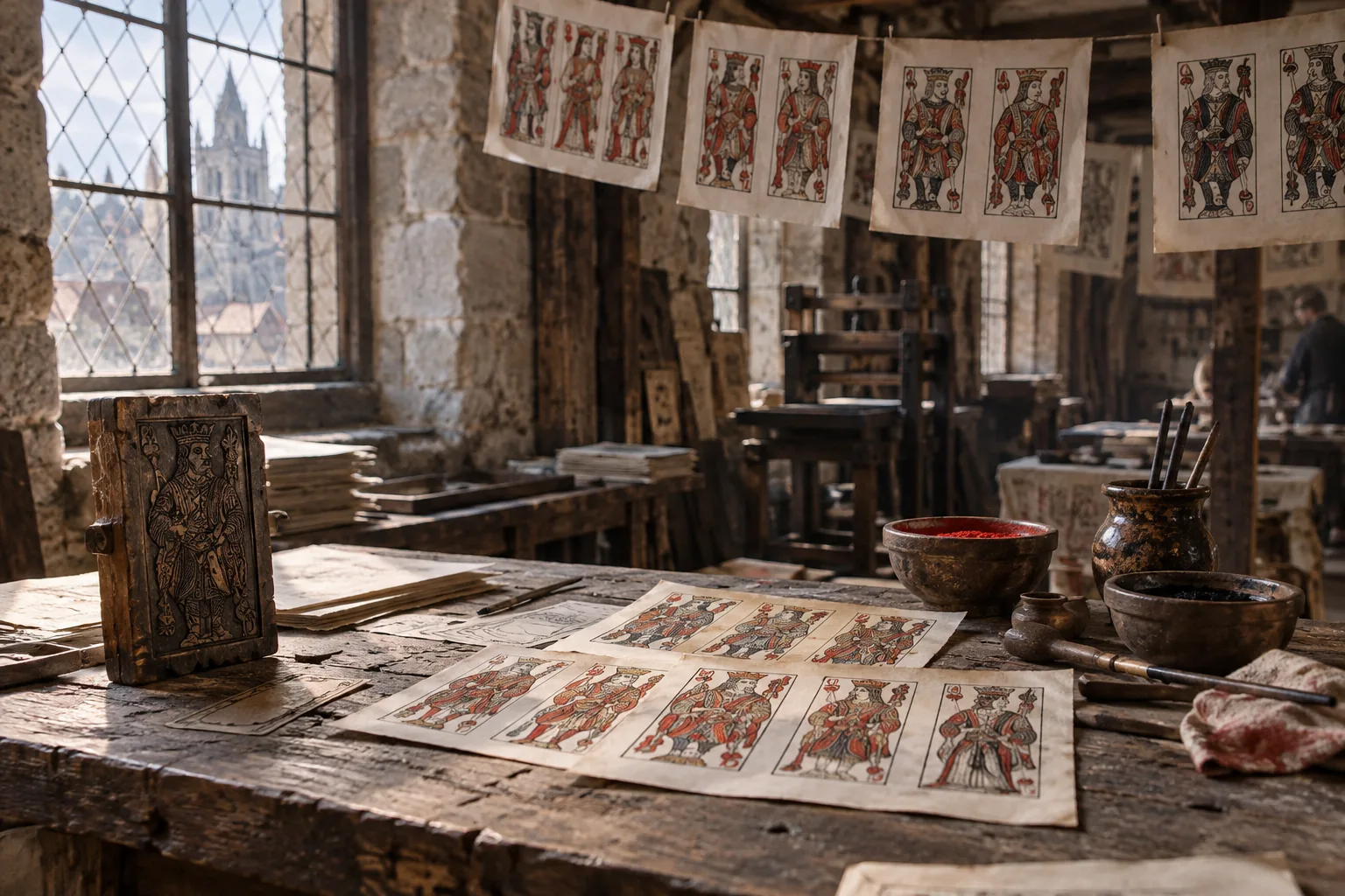 A French card maker's workshop around 1500, with a carved wooden block, red and black pigments and sheets of court figures drying