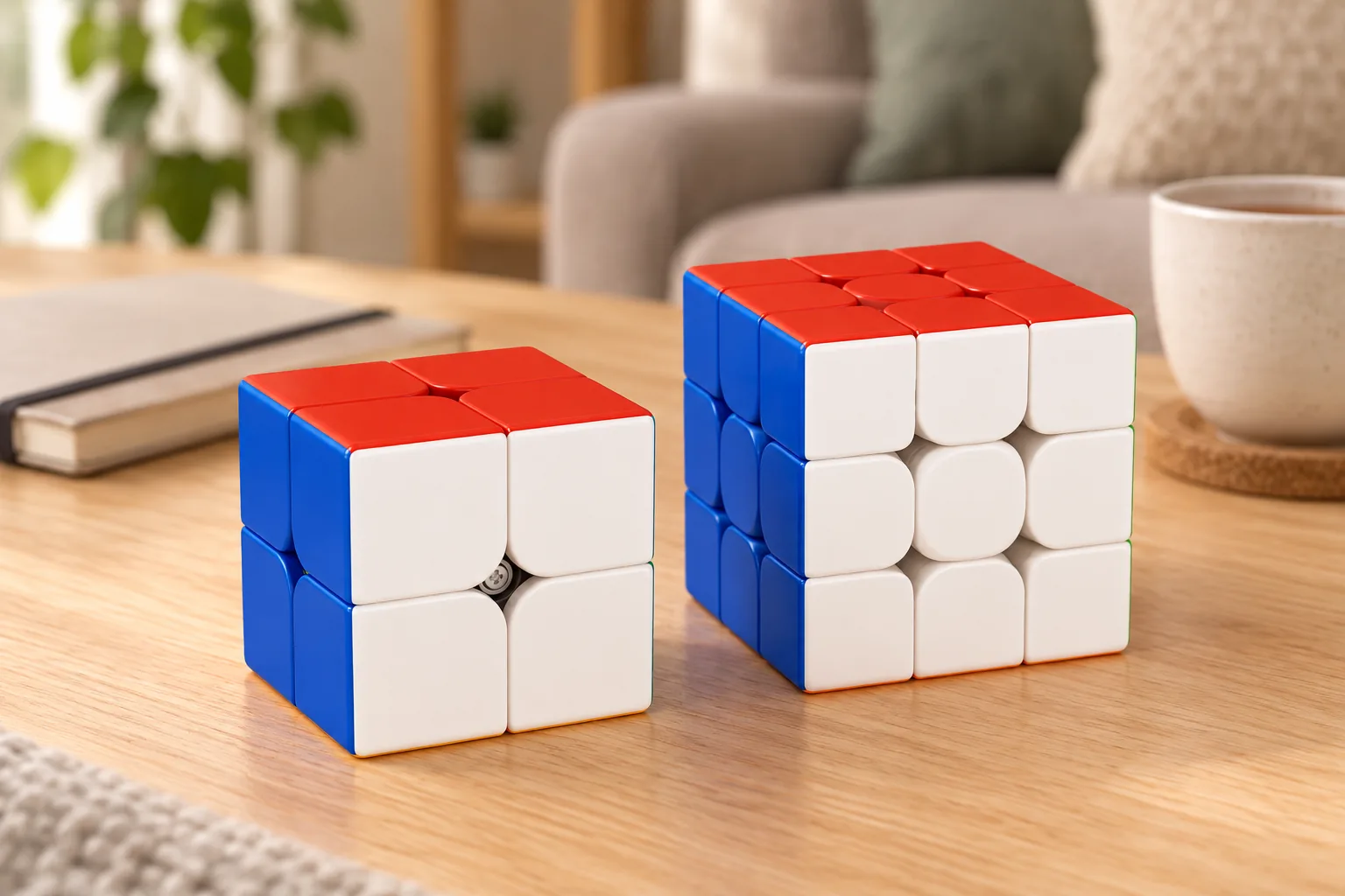 Cubes MoYu MeiLong 2x2 et 3x3 résolus sur une table de salon