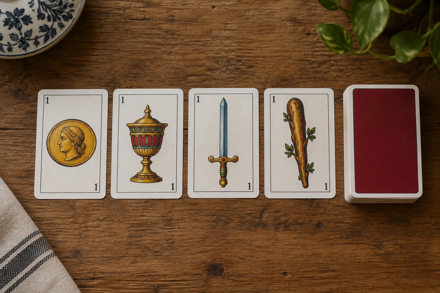 The four aces of the Spanish deck: coins, cups, swords and clubs