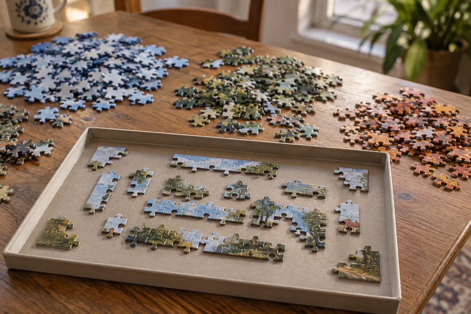 Pièces de puzzle triées par couleur et morceaux de bordure assemblés dans un plateau