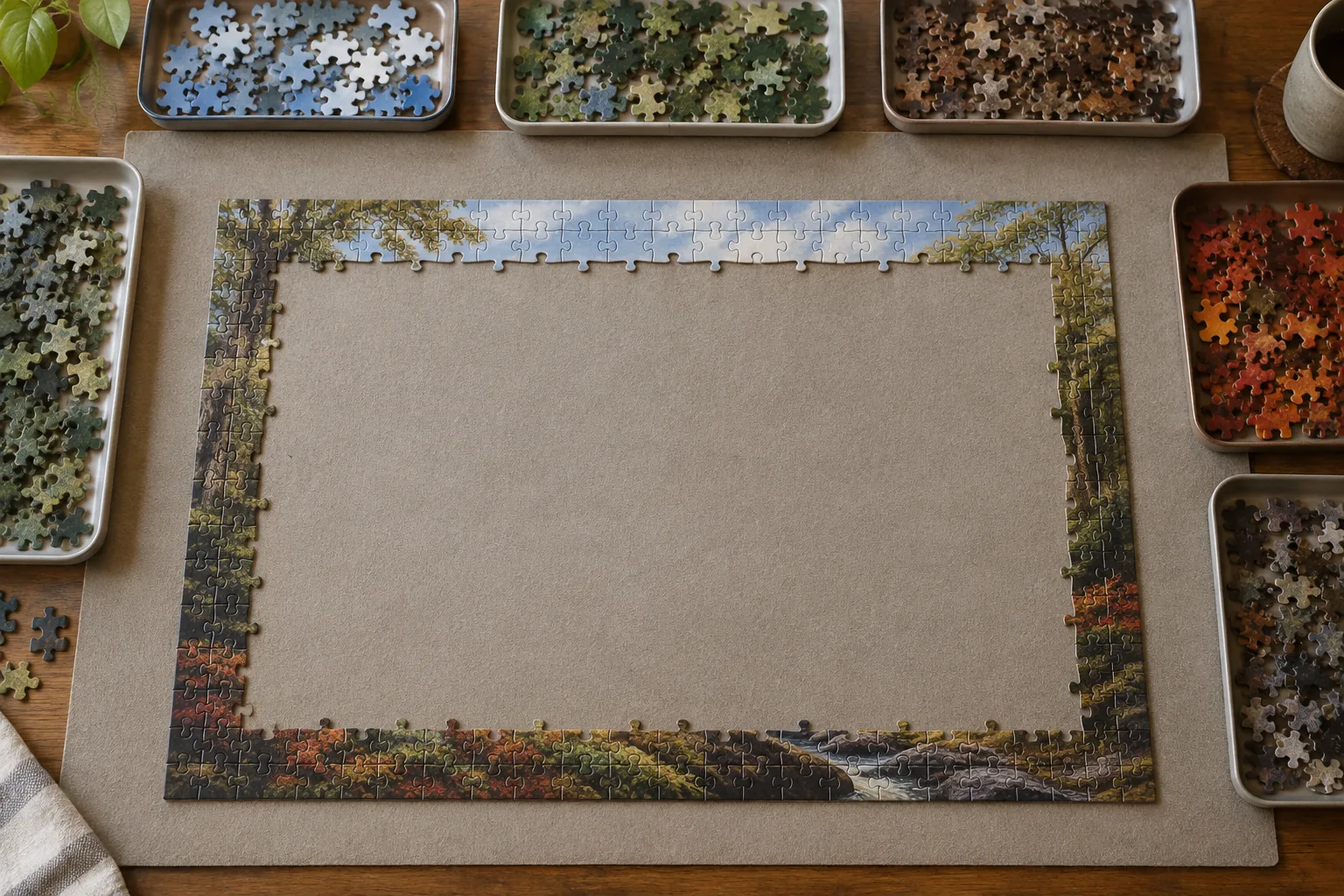 Completed jigsaw border on a mat with an empty centre and the pieces in trays sorted by colour