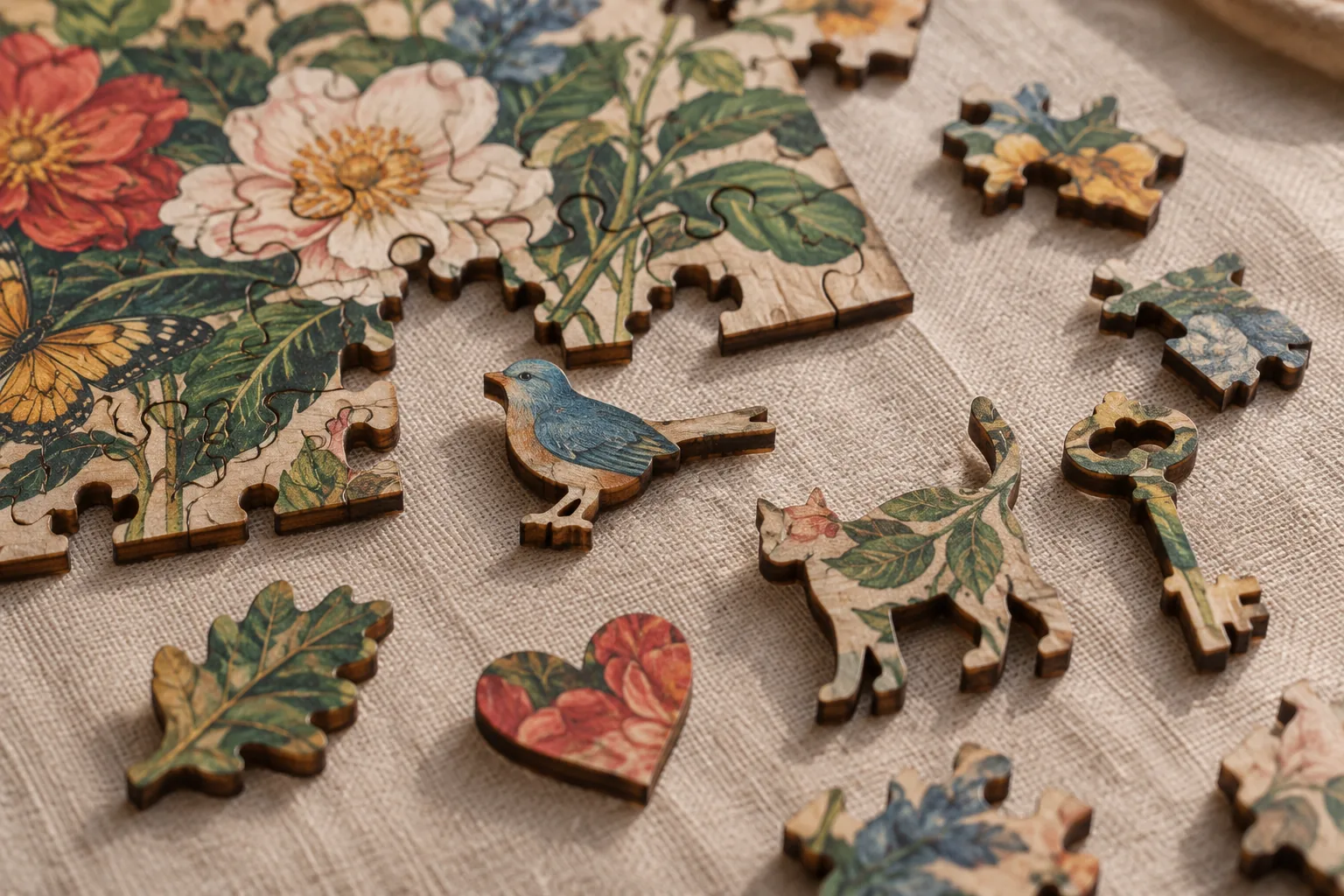 Lasergeschnittenes Holzpuzzle mit Figurenteilen in Form von Vogel, Katze, Schlüssel, Blatt und Herz