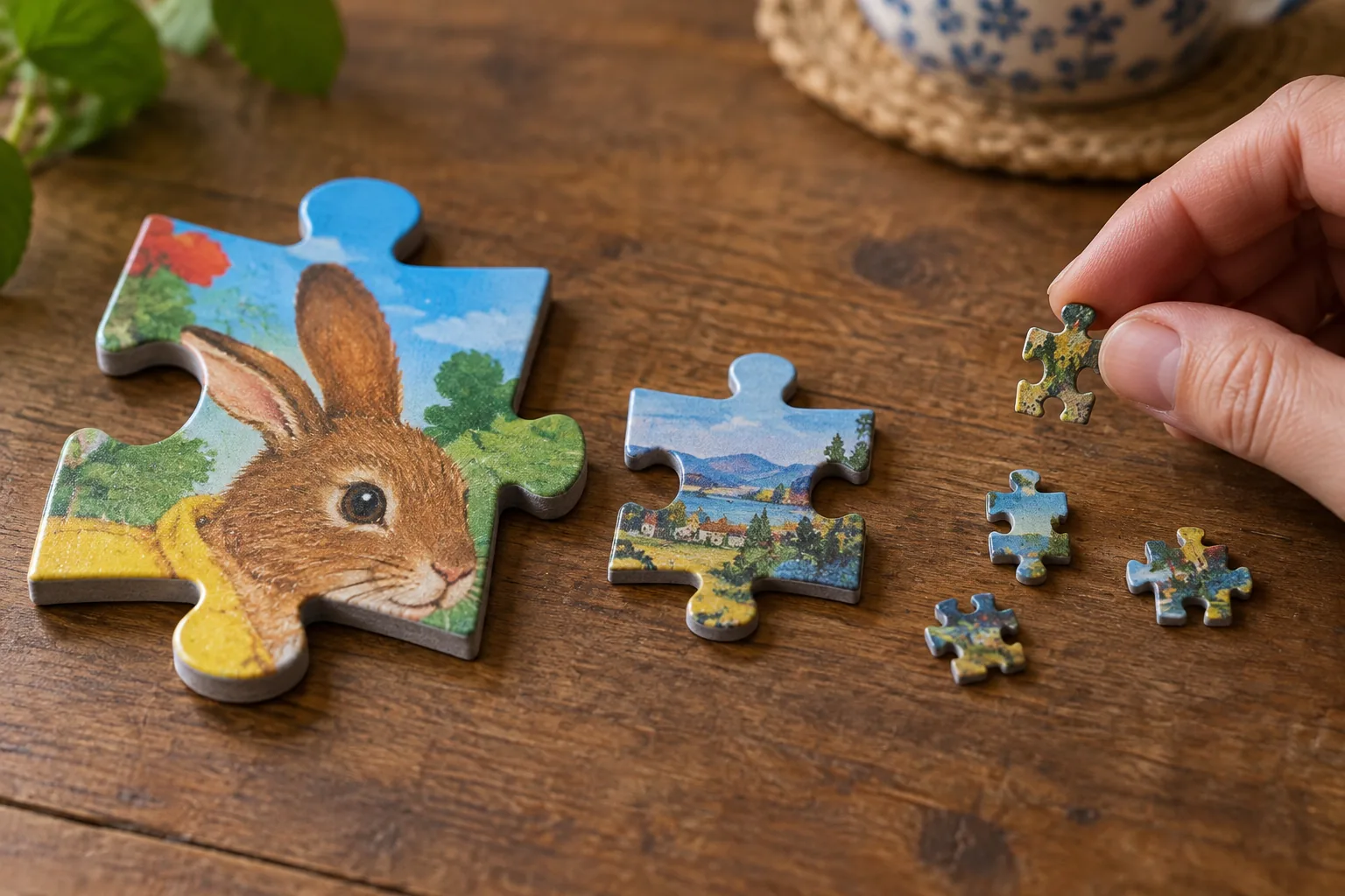 Comparação de tamanhos: uma peça grande de puzzle infantil, uma média e várias pequenas de 1000 peças