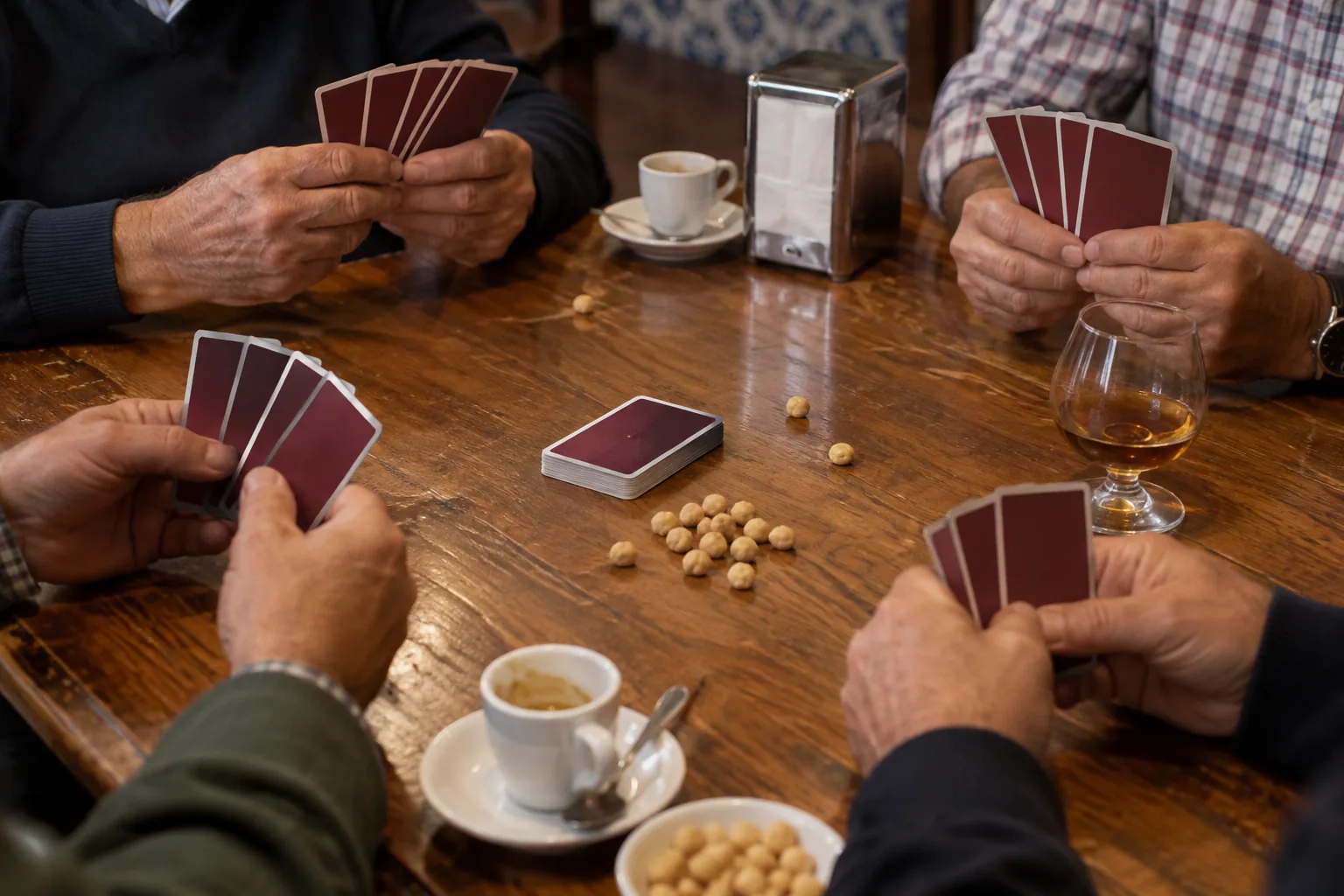Cuatro jugadores en una partida de mus en un bar, con garbanzos como tantos en el centro de la mesa