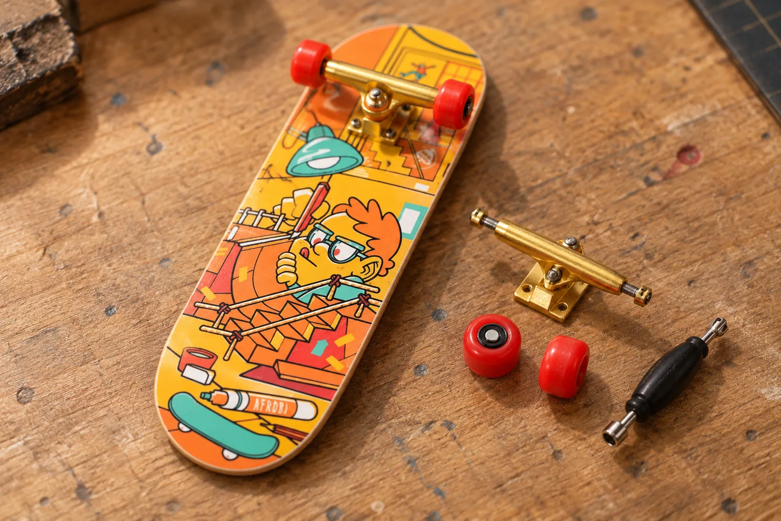 Berlinwood Afrobi deck with gold Blackriver trucks, red Bollie wheels and a Bollie tool during assembly