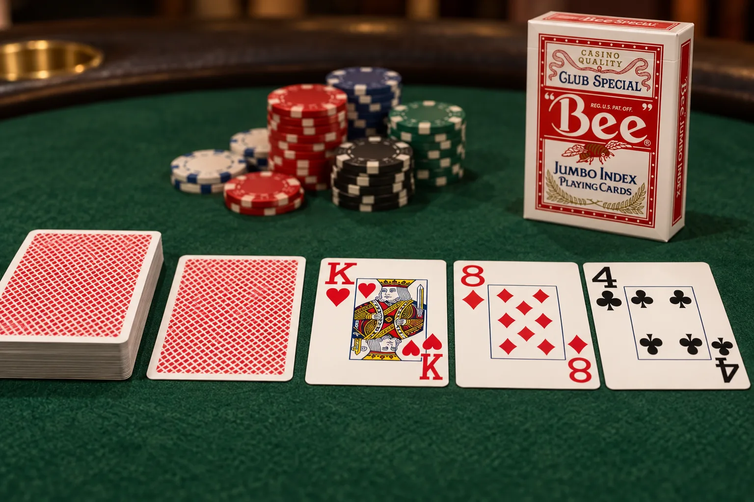 Flop K♥ 8♦ 4♣ accanto al mazzo e alla carta bruciata, con un mazzo Bee Jumbo Index rosso