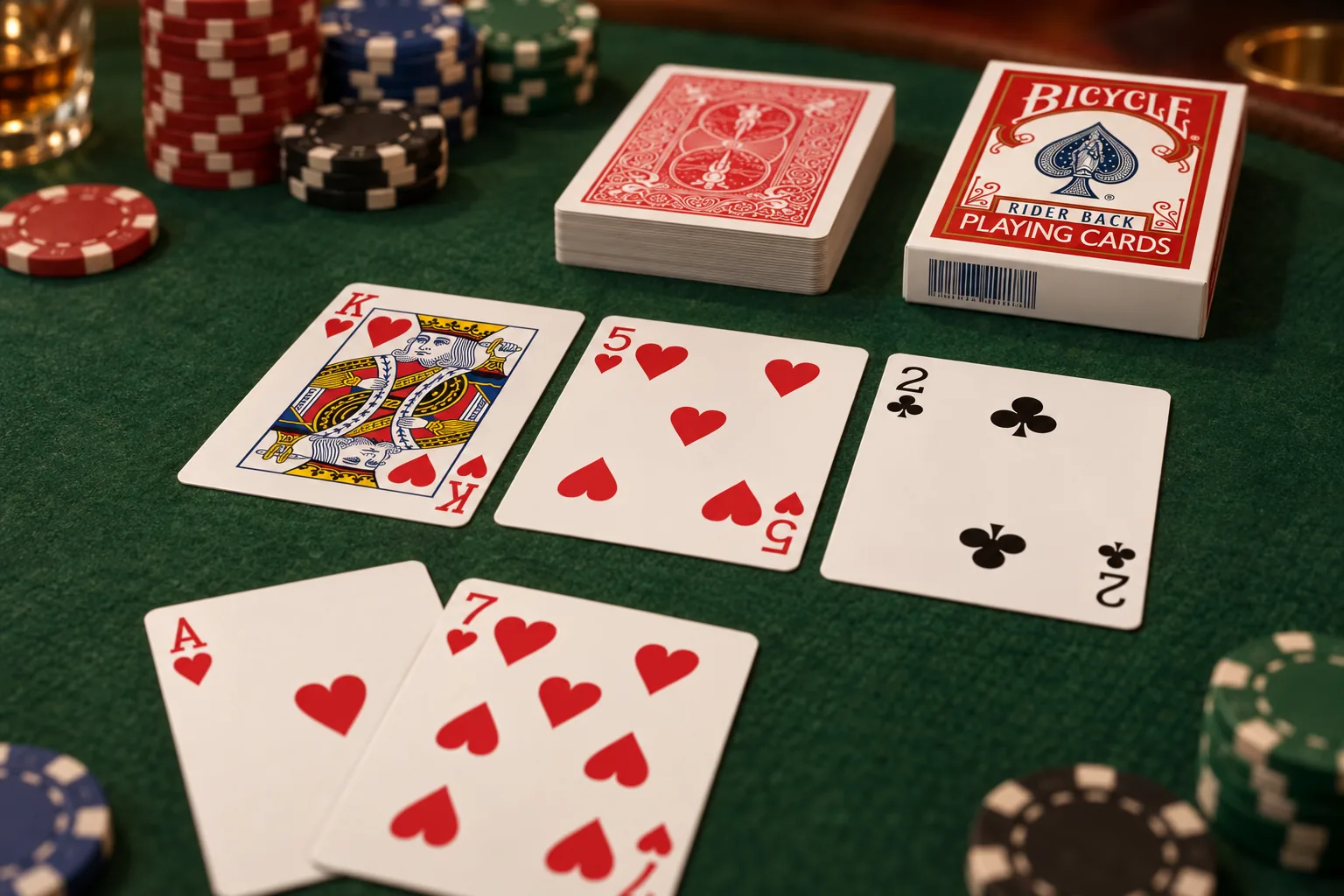 Tirage couleur : A♥ 7♥ sur un flop K♥ 5♥ 2♣ sur tapis vert, à côté d'un jeu Bicycle Rider Back rouge