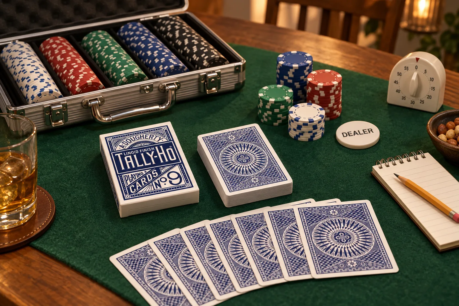 Valigetta di fiches da poker, mazzo Tally-Ho Circle Back blu, bottone del dealer, timer e taccuino su un tappeto verde in casa