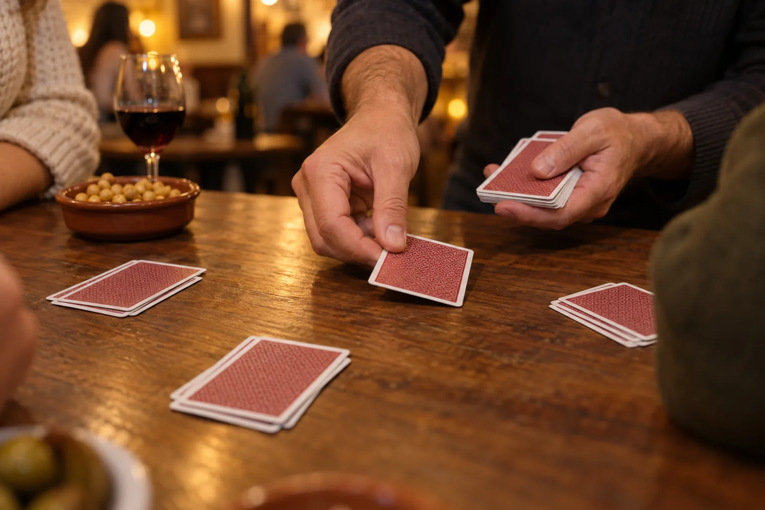 Manos repartiendo cartas de baraja española boca abajo, una a una, en la mesa de un bar
