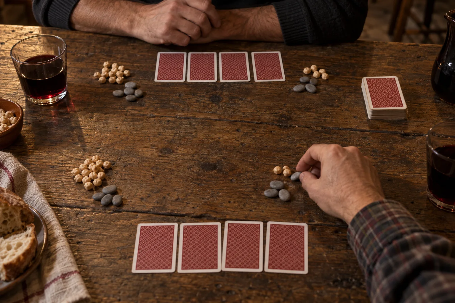 Garbanzos y piedras usados como tantos junto a las cartas boca abajo en una partida de mus