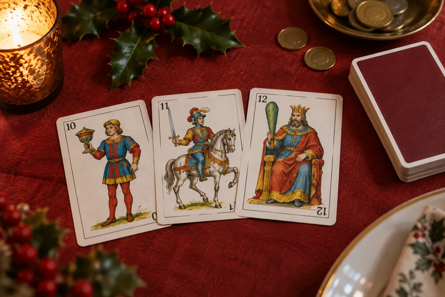 Sota de copas, caballo de espadas y rey de bastos sobre un mantel navideño