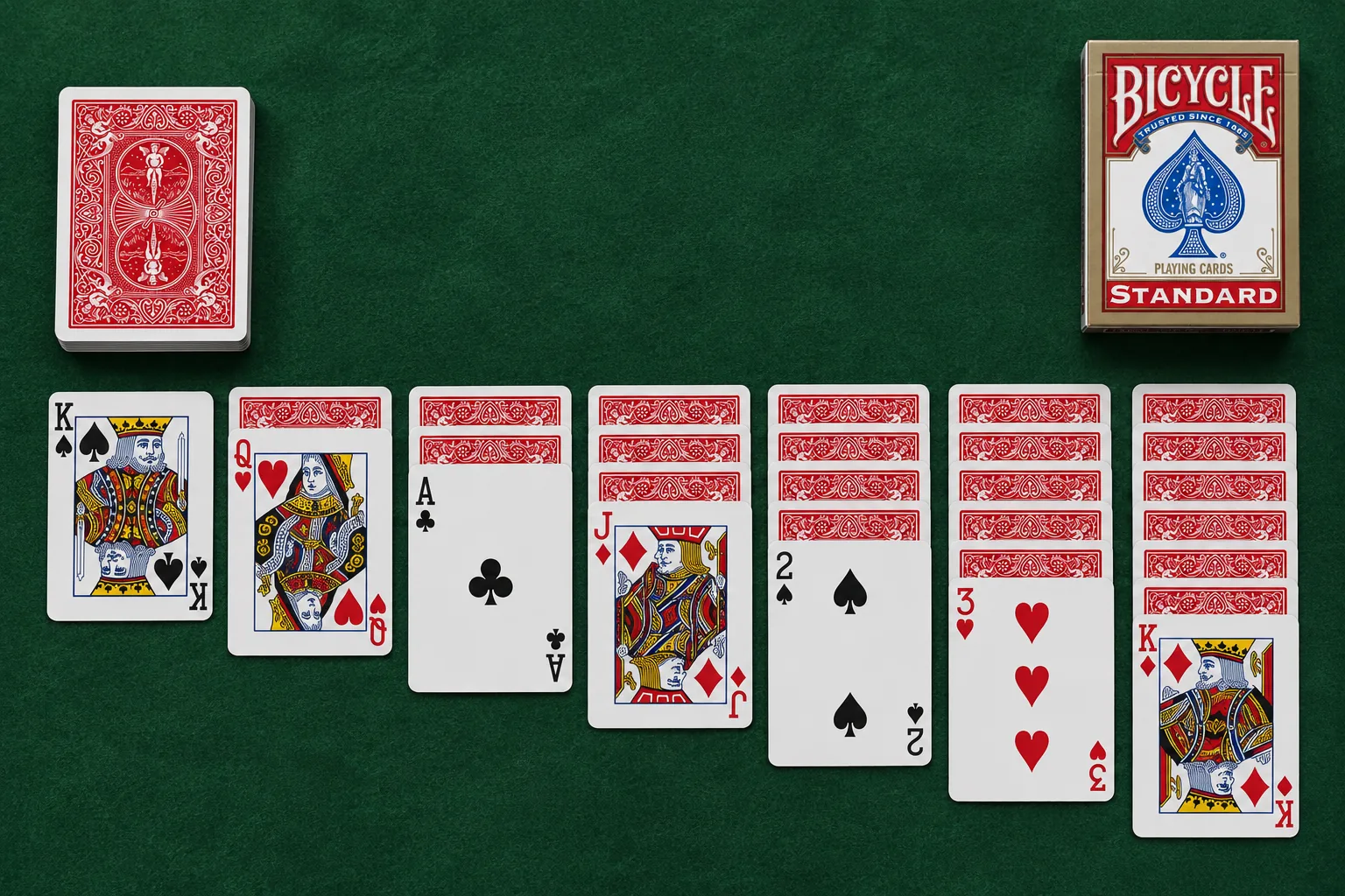 Tendido inicial del solitario Klondike con una baraja Bicycle Standard roja: siete columnas de una a siete cartas, solo la última boca arriba, y el mazo de robo