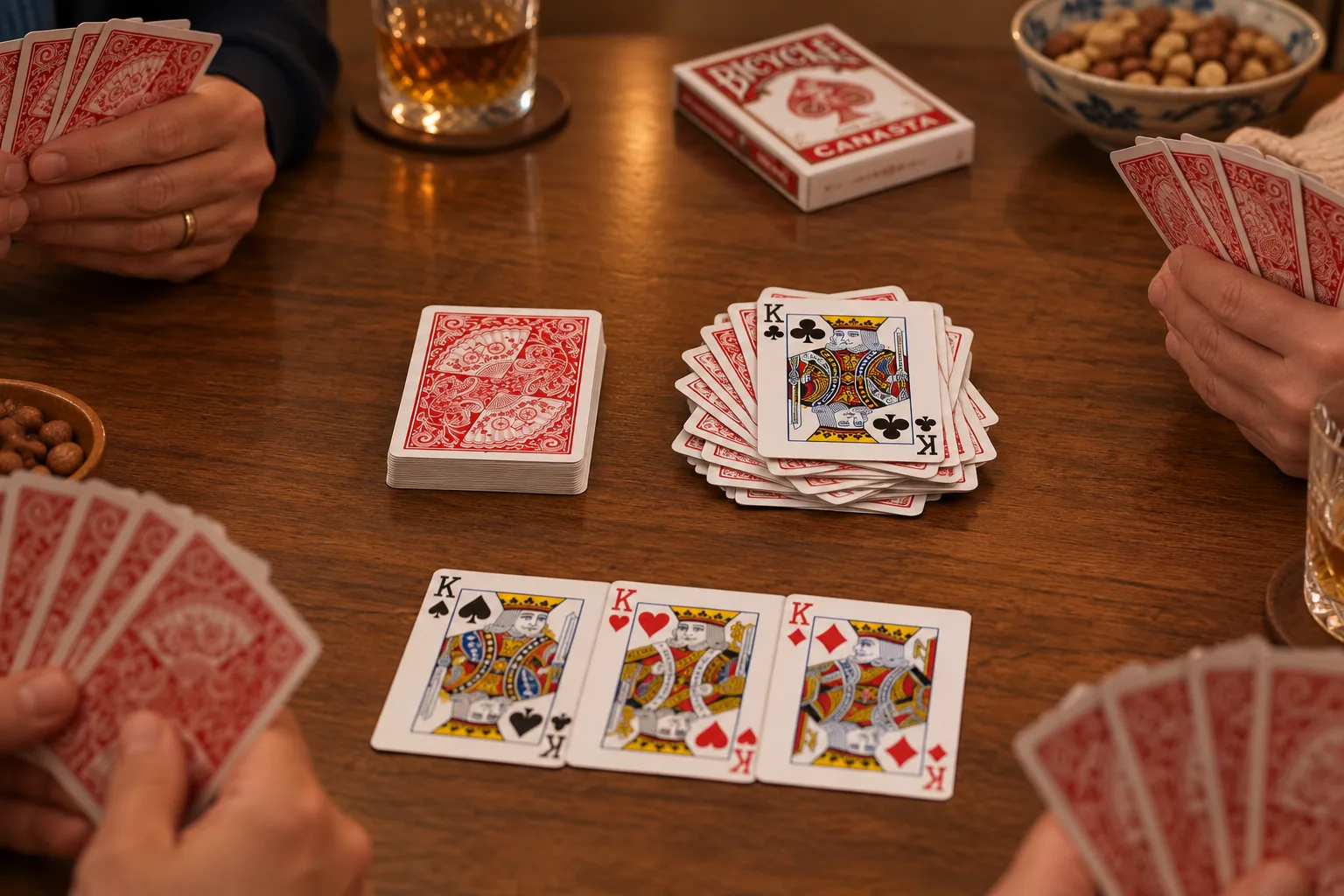 Partida de canasta con la baraja Bicycle Canasta: mazo boca abajo, pozo de descartes con el rey de tréboles encima y un trío de reyes bajado