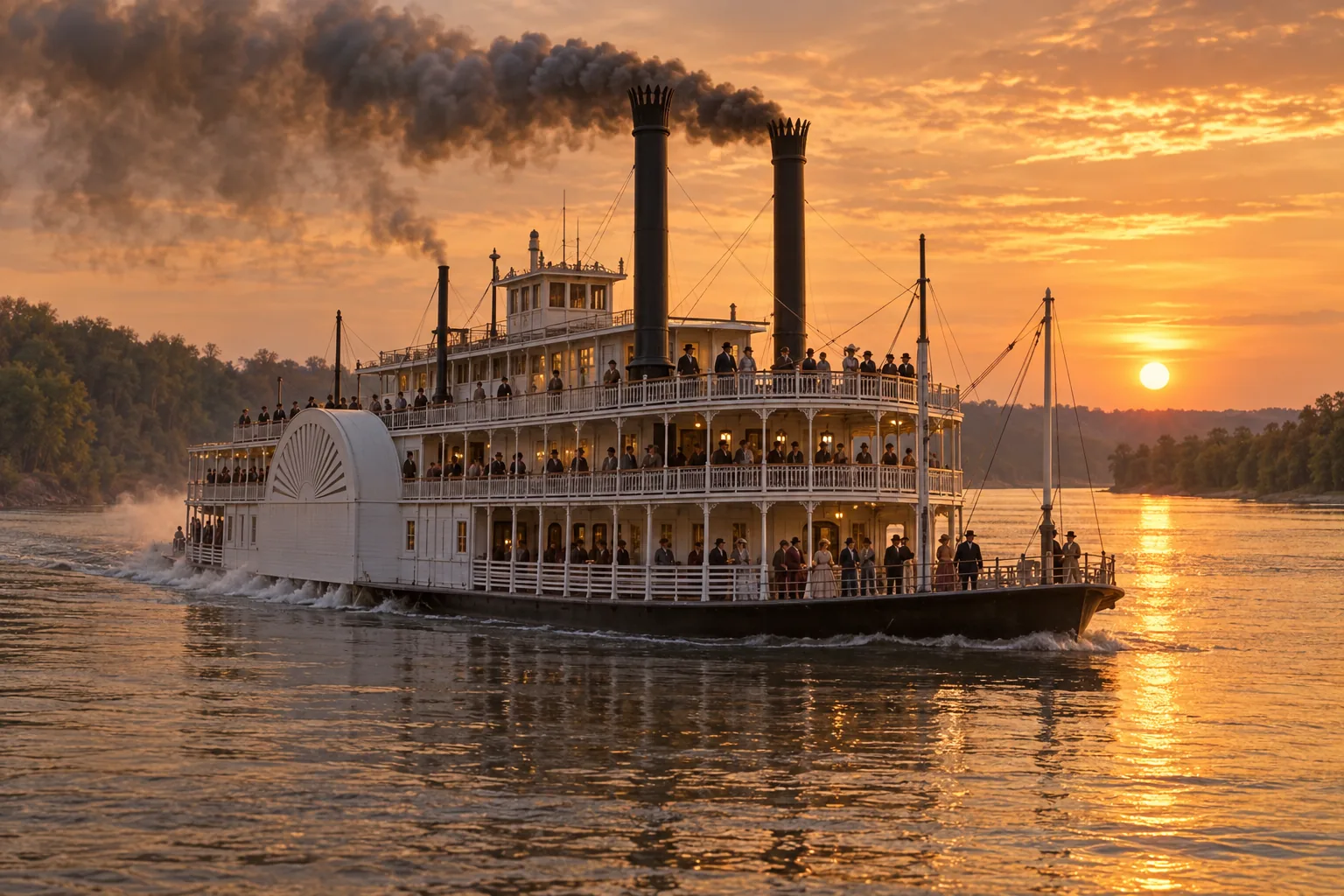 Barco de vapor de ruedas laterales navegando por el río Misisipi al atardecer, recreación de mediados del siglo XIX