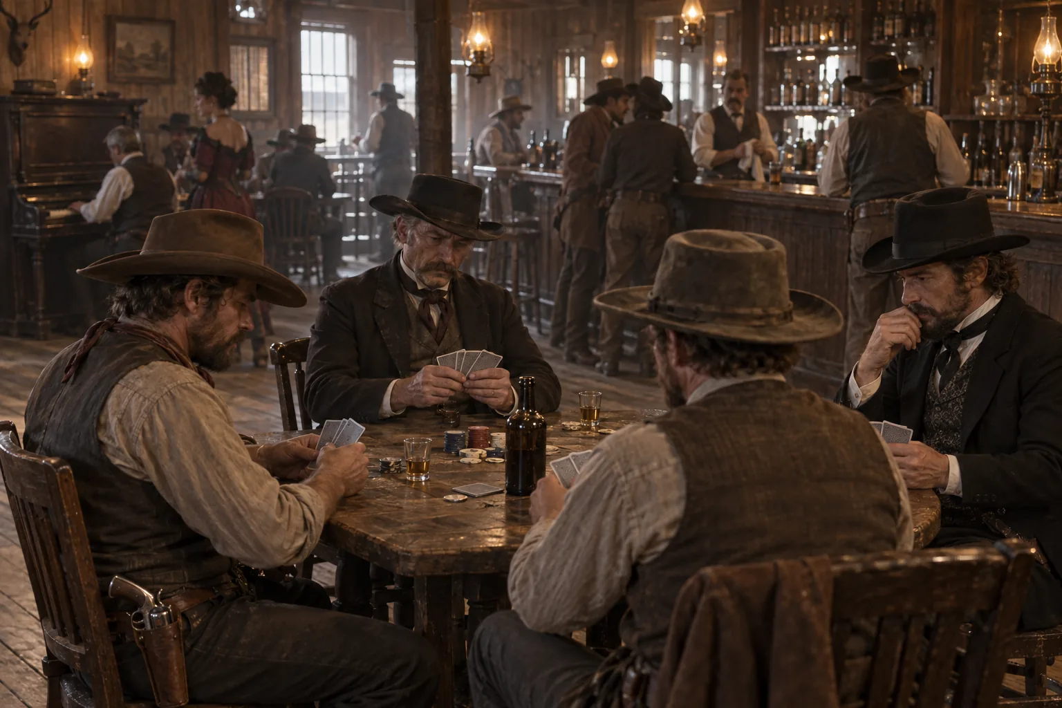 Vaqueros y un tahúr jugando al póker en una mesa de madera dentro de un saloon del Oeste, recreación de época