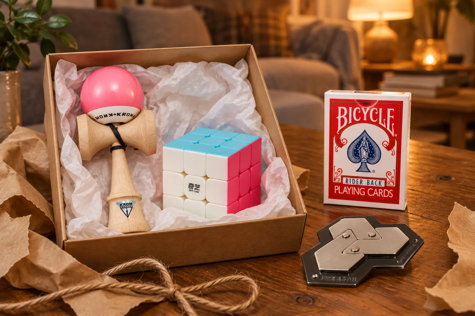 Caja de regalo abierta con una kendama Krom rosa y un cubo QiYi Warrior S, junto a una baraja Bicycle Rider Back roja y un puzzle Hanayama Hexagon